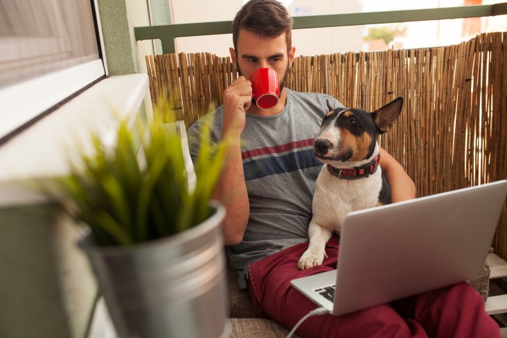 Man with pet dog and laptop